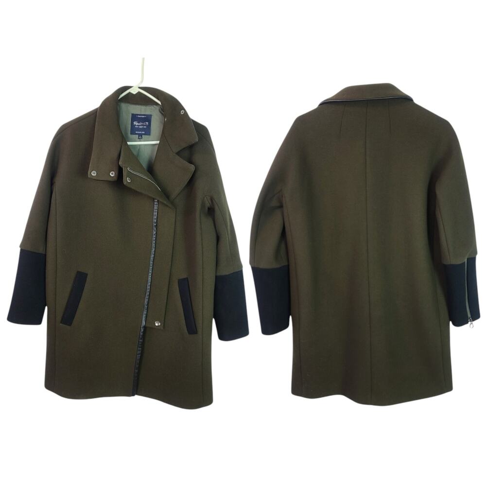 Madewell City Grid Olive Green Black Offset Zip Up Wool Blend Lined Coat Jacket